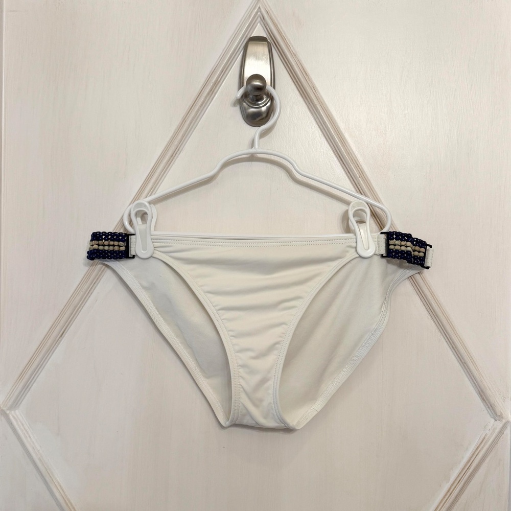 Tommy Bahama White Bikini Bottoms with Navy Wooden Bead Accents